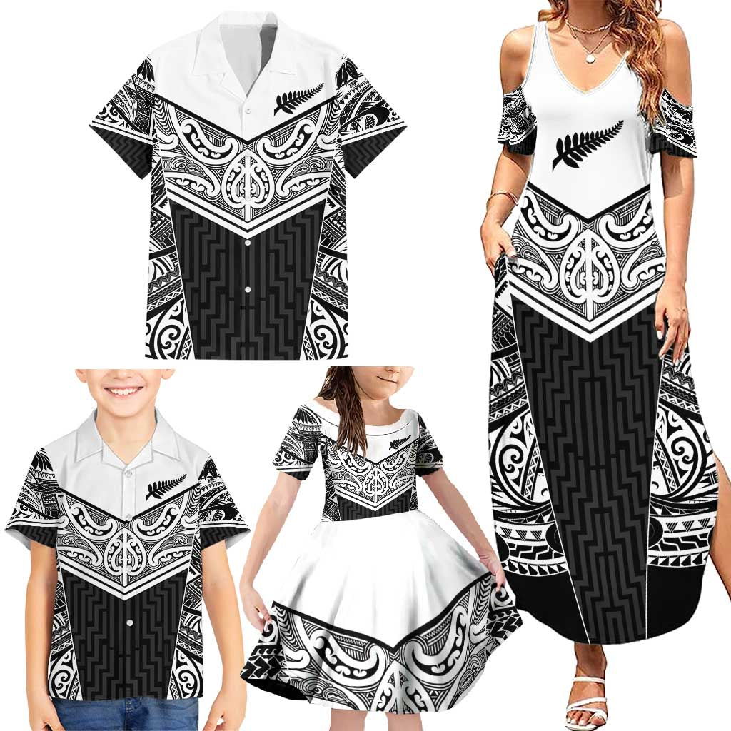 New Zealand Black Fern Custom Family Matching Summer Maxi Dress and Hawaiian Shirt Maori Tukutuku Black-white Motif LT9 - Polynesian Pride