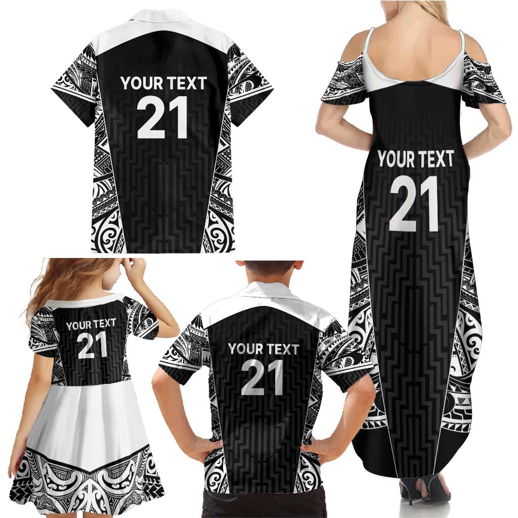 New Zealand Black Fern Custom Family Matching Summer Maxi Dress and Hawaiian Shirt Maori Tukutuku Black-white Motif LT9 - Polynesian Pride
