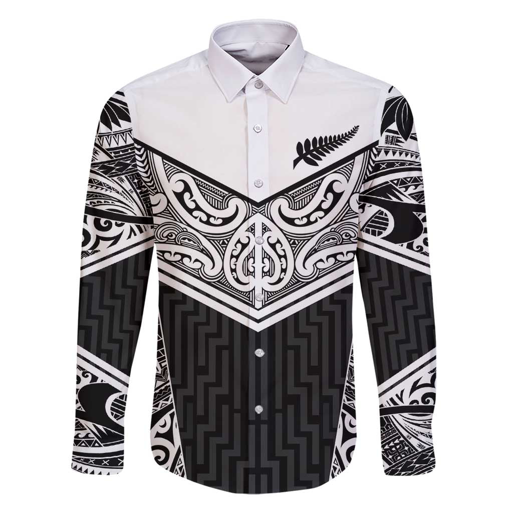 New Zealand Black Fern Custom Family Matching Summer Maxi Dress and Hawaiian Shirt Maori Tukutuku Black-white Motif LT9 Dad's Shirt - Long Sleeve White - Polynesian Pride