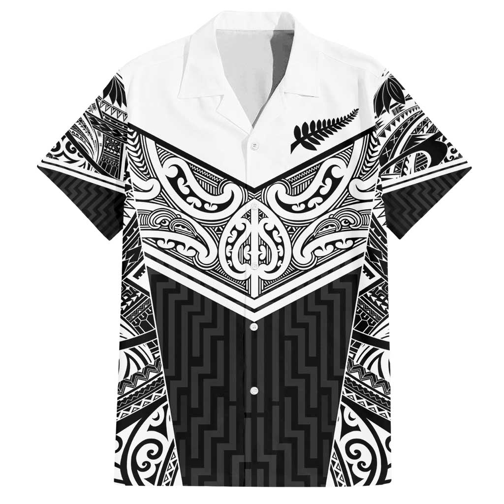 New Zealand Black Fern Custom Family Matching Tank Maxi Dress and Hawaiian Shirt Maori Tukutuku Black-white Motif LT9 Dad's Shirt - Short Sleeve White - Polynesian Pride