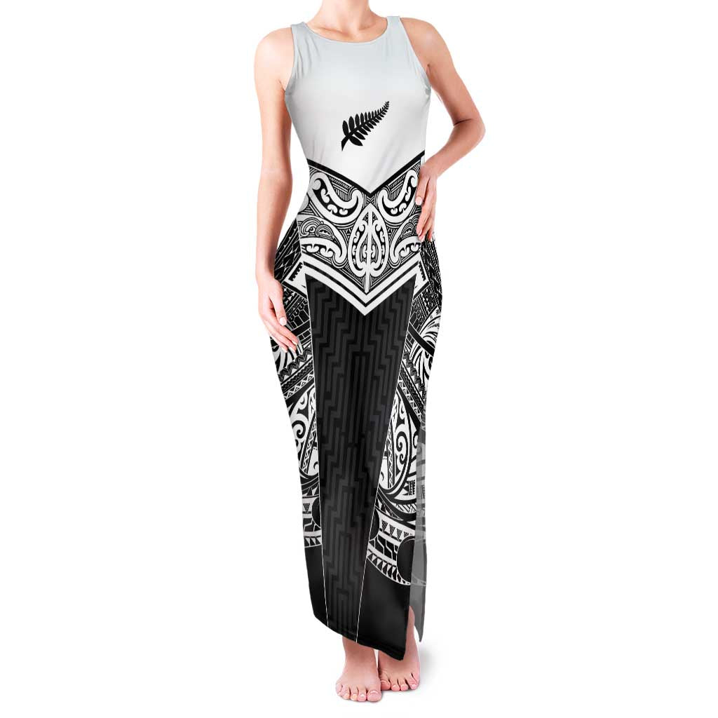 New Zealand Black Fern Custom Family Matching Tank Maxi Dress and Hawaiian Shirt Maori Tukutuku Black-white Motif LT9 Mom's Dress White - Polynesian Pride