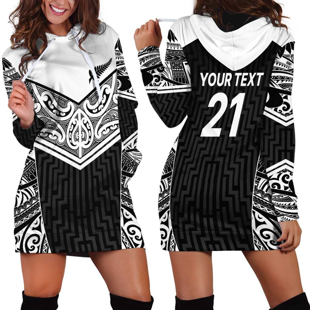New Zealand Black Fern Custom Hoodie Dress Maori Tukutuku Black-white Motif LT9 - Polynesian Pride