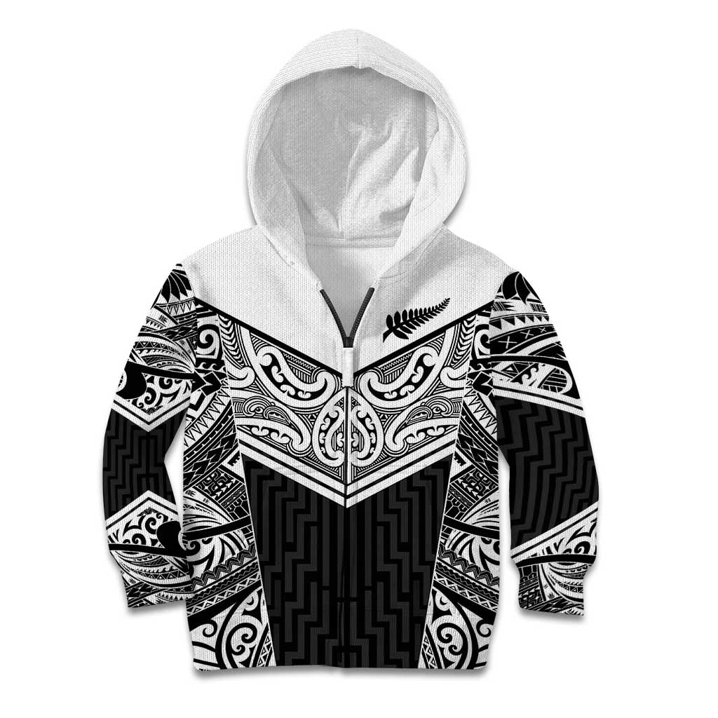 New Zealand Black Fern Custom Kid Hoodie Maori Tukutuku Black-white Motif LT9 Zip Hoodie White - Polynesian Pride