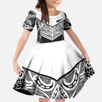 New Zealand Black Fern Custom Kid Short Sleeve Dress Maori Tukutuku Black-white Motif LT9 KID White - Polynesian Pride