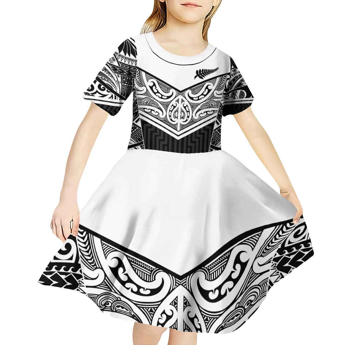 New Zealand Black Fern Custom Kid Short Sleeve Dress Maori Tukutuku Black-white Motif LT9 - Polynesian Pride