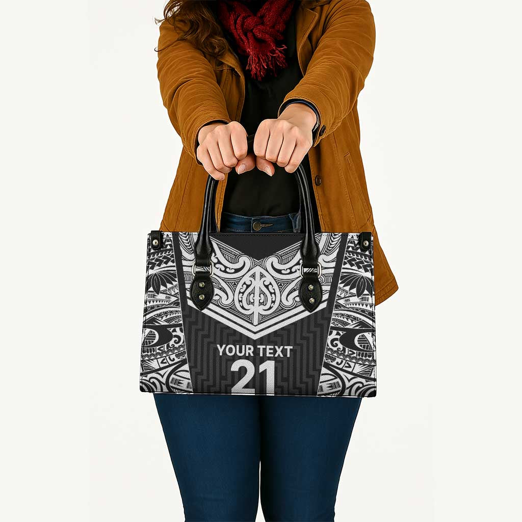 New Zealand Black Fern Custom Leather Bag Maori Tukutuku Black-white Motif - Polynesian Pride
