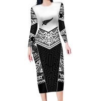 New Zealand Black Fern Custom Long Sleeve Bodycon Dress Maori Tukutuku Black-white Motif LT9 Long Dress White - Polynesian Pride