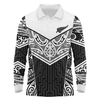 New Zealand Black Fern Custom Long Sleeve Polo Shirt Maori Tukutuku Black-white Motif LT9 White - Polynesian Pride