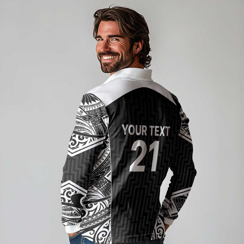 New Zealand Black Fern Custom Long Sleeve Polo Shirt Maori Tukutuku Black-white Motif LT9 - Polynesian Pride