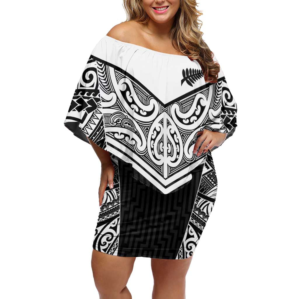 New Zealand Black Fern Custom Off Shoulder Short Dress Maori Tukutuku Black-white Motif LT9 Women White - Polynesian Pride