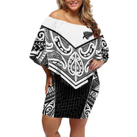 New Zealand Black Fern Custom Off Shoulder Short Dress Maori Tukutuku Black-white Motif LT9 Women White - Polynesian Pride