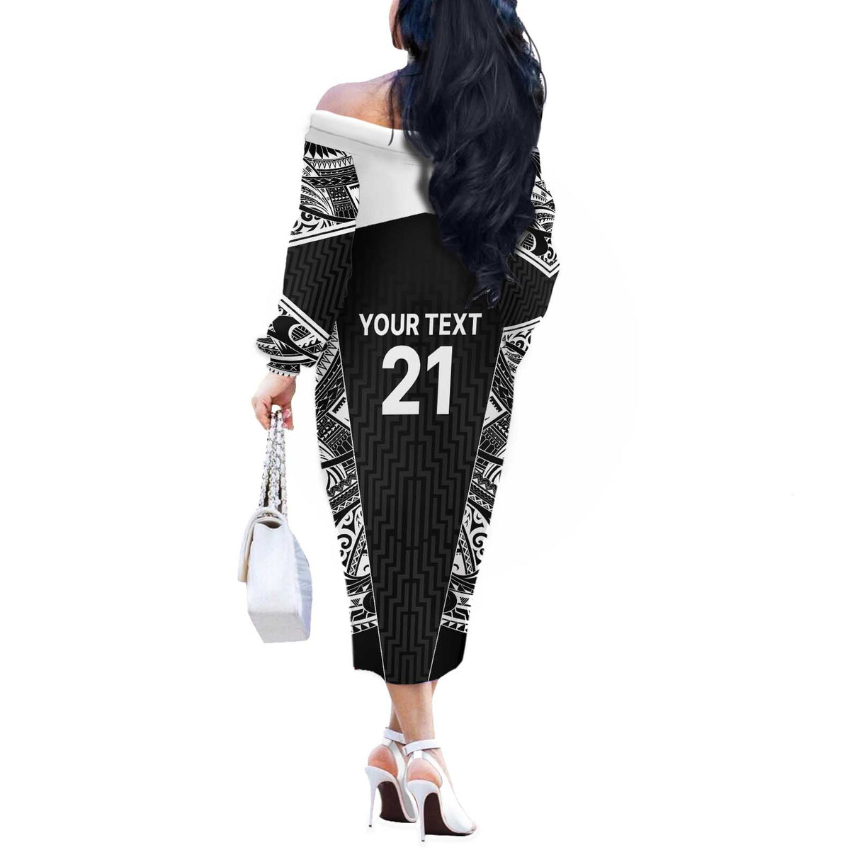 New Zealand Black Fern Custom Off The Shoulder Long Sleeve Dress Maori Tukutuku Black-white Motif LT9 - Polynesian Pride