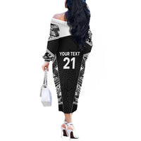 New Zealand Black Fern Custom Off The Shoulder Long Sleeve Dress Maori Tukutuku Black-white Motif LT9 - Polynesian Pride