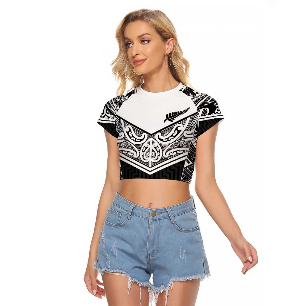 New Zealand Black Fern Custom Raglan Cropped T Shirt Maori Tukutuku Black-white Motif LT9 Female White - Polynesian Pride