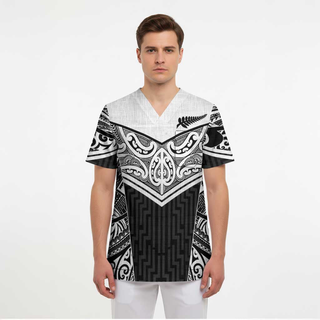 New Zealand Black Fern Custom Scrub Top Maori Tukutuku Black-white Motif - Polynesian Pride
