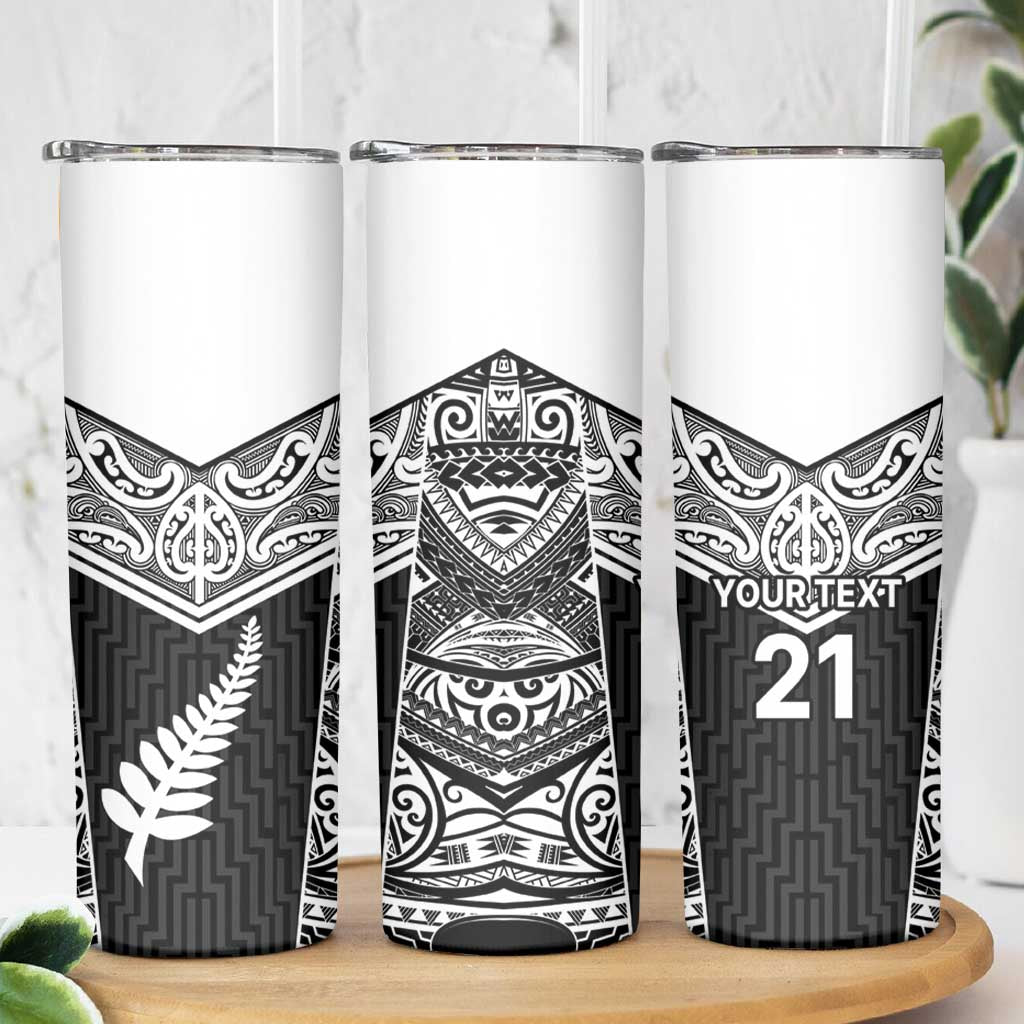 New Zealand Black Fern Custom Skinny Tumbler Maori Tukutuku Black-white Motif LT9 - Polynesian Pride