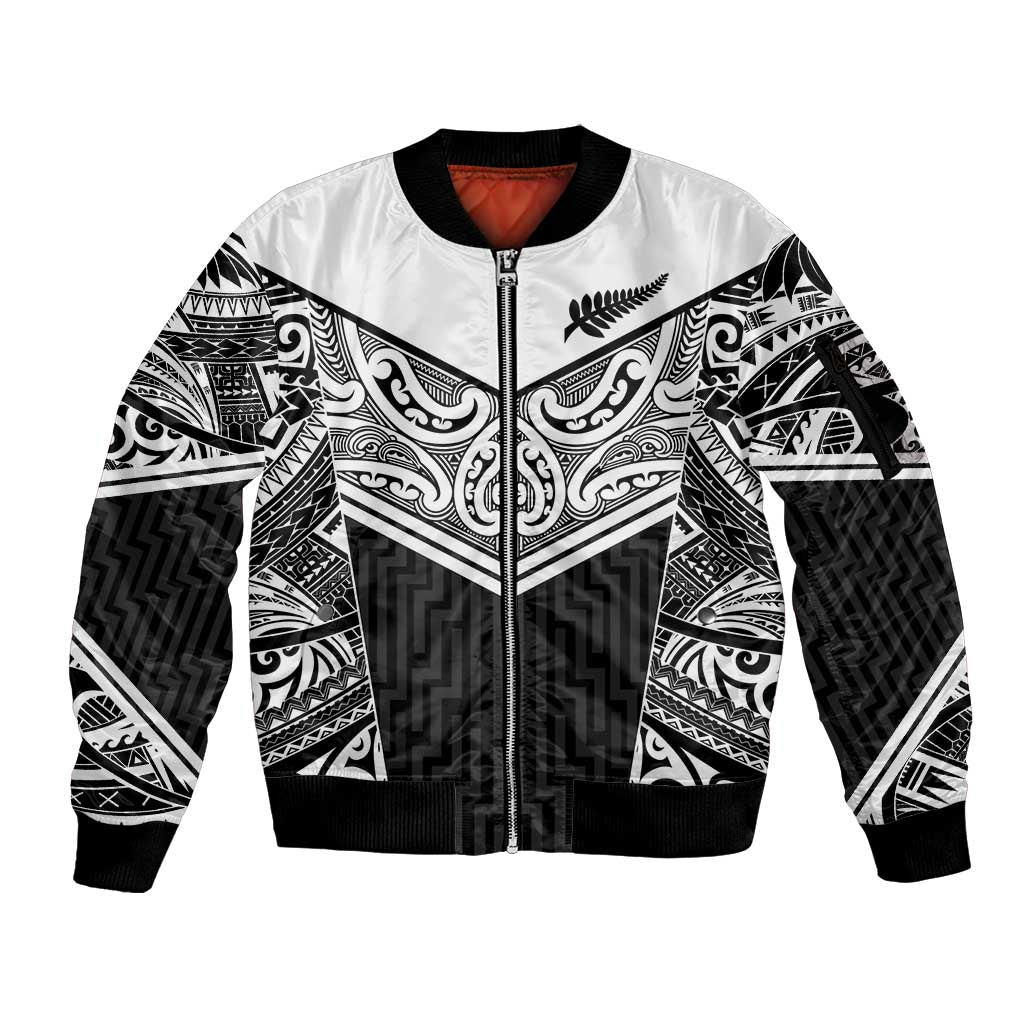 New Zealand Black Fern Custom Sleeve Zip Bomber Jacket Maori Tukutuku Black-white Motif LT9 Unisex White - Polynesian Pride