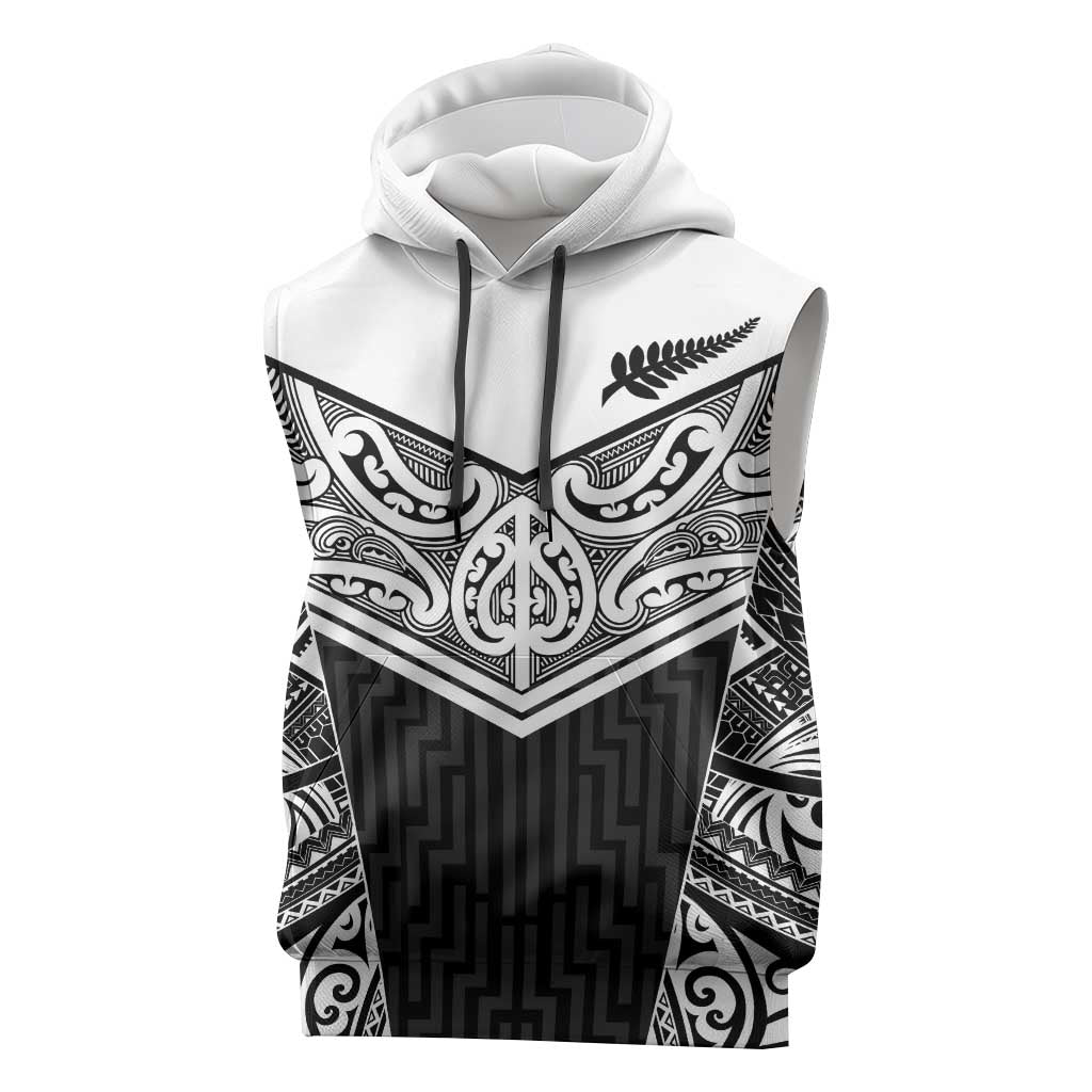 New Zealand Black Fern Custom Sleeveless Hoodie Maori Tukutuku Black-white Motif LT9 White - Polynesian Pride