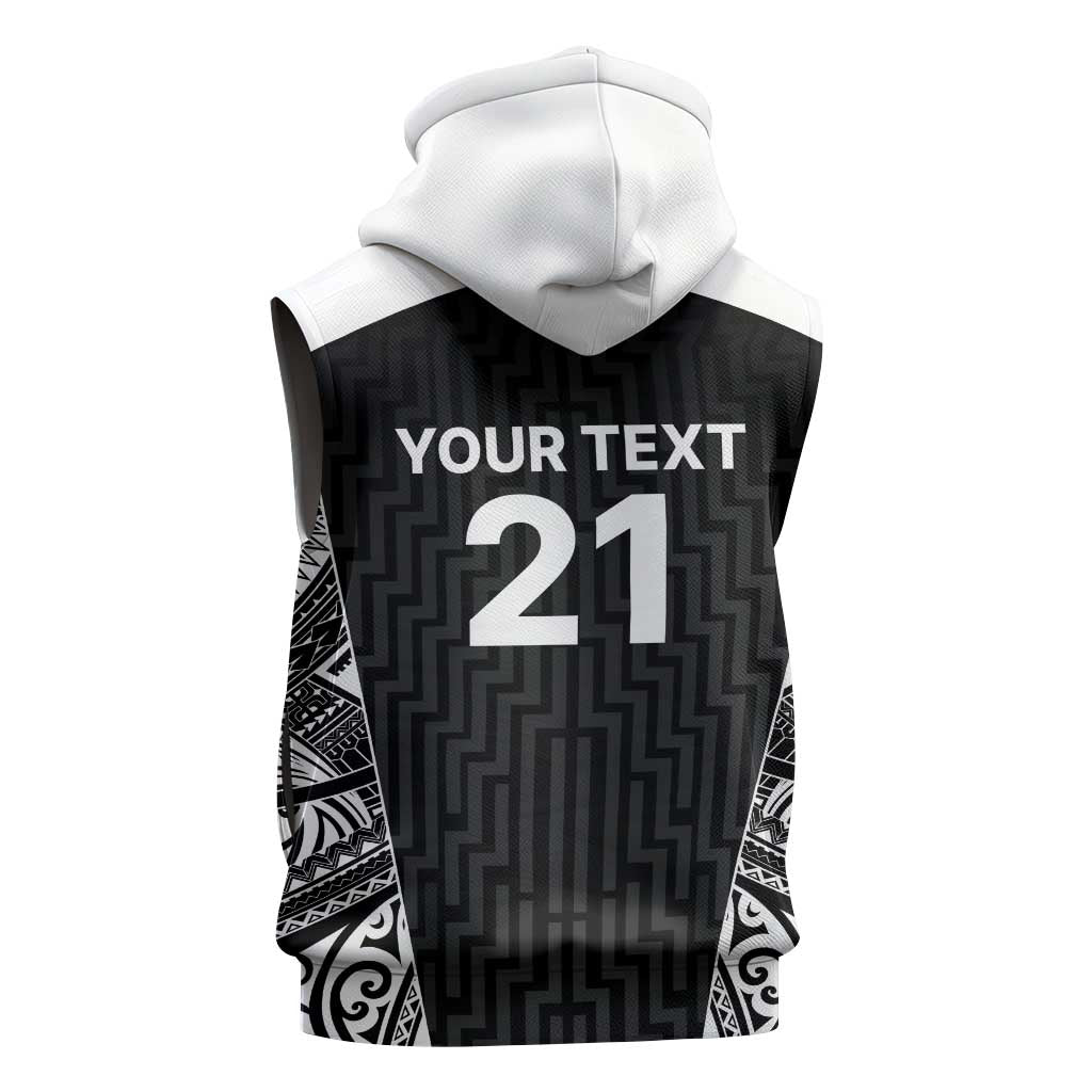 New Zealand Black Fern Custom Sleeveless Hoodie Maori Tukutuku Black-white Motif LT9 - Polynesian Pride