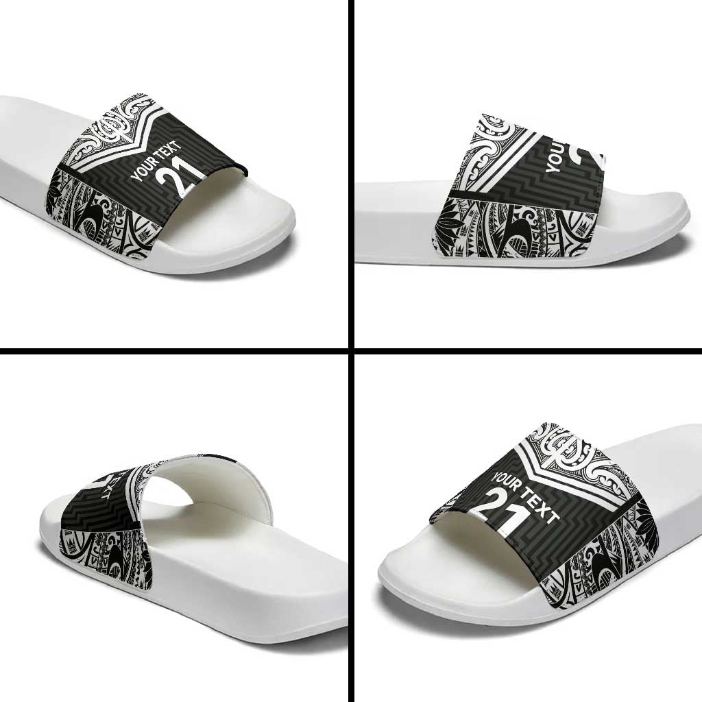 New Zealand Black Fern Custom Slide Sandals Maori Tukutuku Black-white Motif - Polynesian Pride