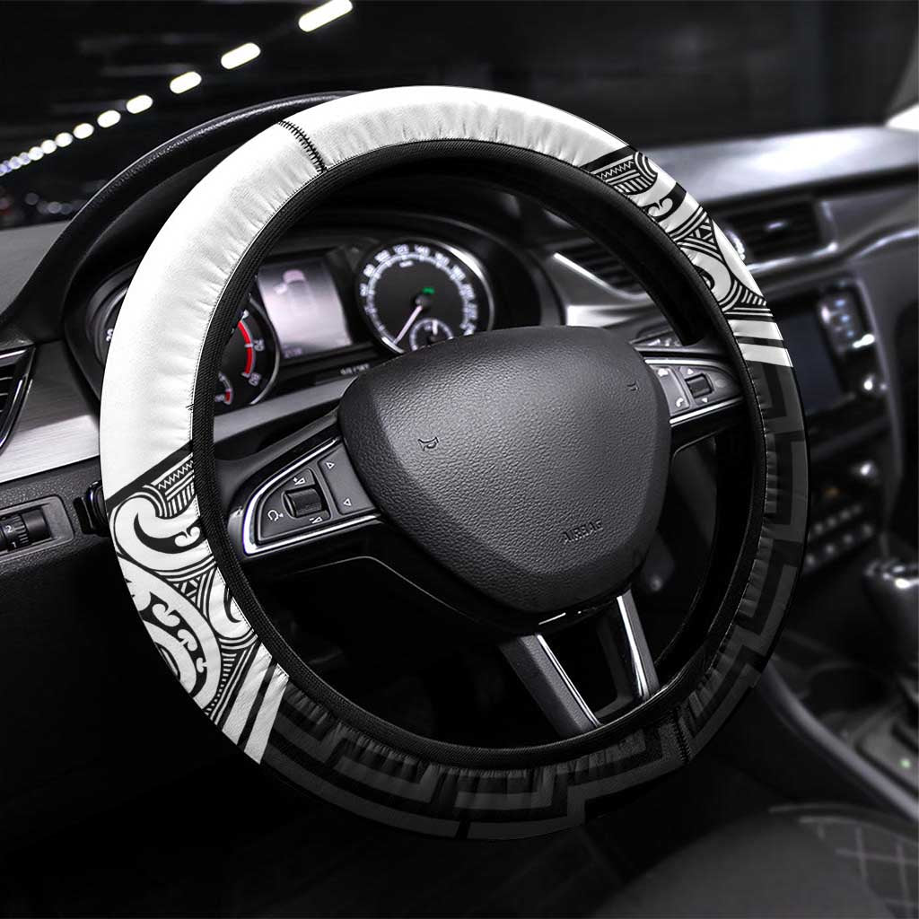New Zealand Black Fern Steering Wheel Cover Maori Tukutuku Black-white Motif LT9 Universal Fit White - Polynesian Pride