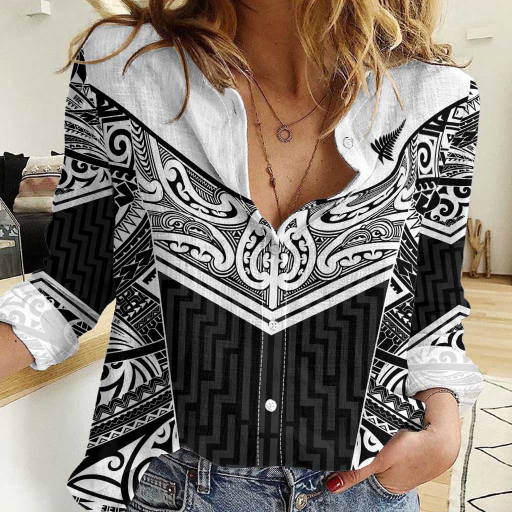 New Zealand Black Fern Custom Women Casual Shirt Maori Tukutuku Black-white Motif LT9 Female White - Polynesian Pride