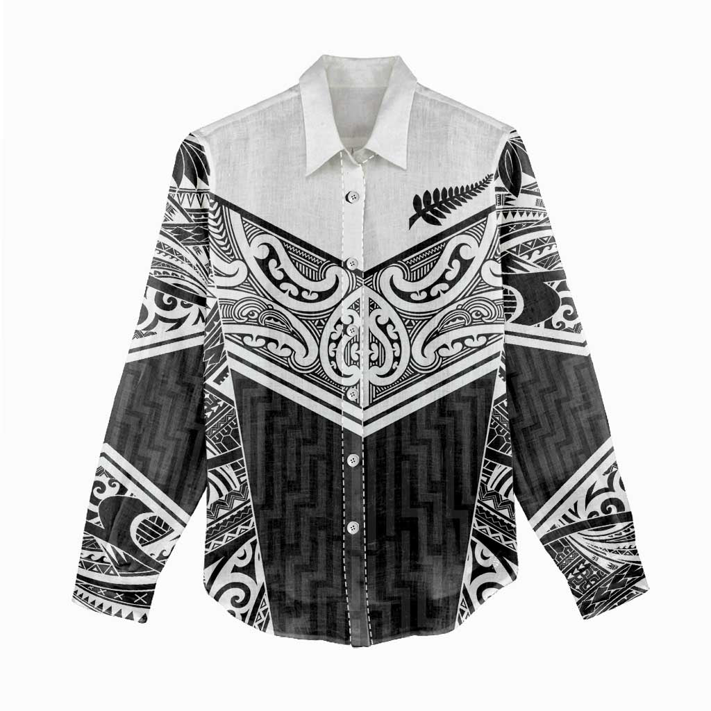 New Zealand Black Fern Custom Women Casual Shirt Maori Tukutuku Black-white Motif LT9 - Polynesian Pride