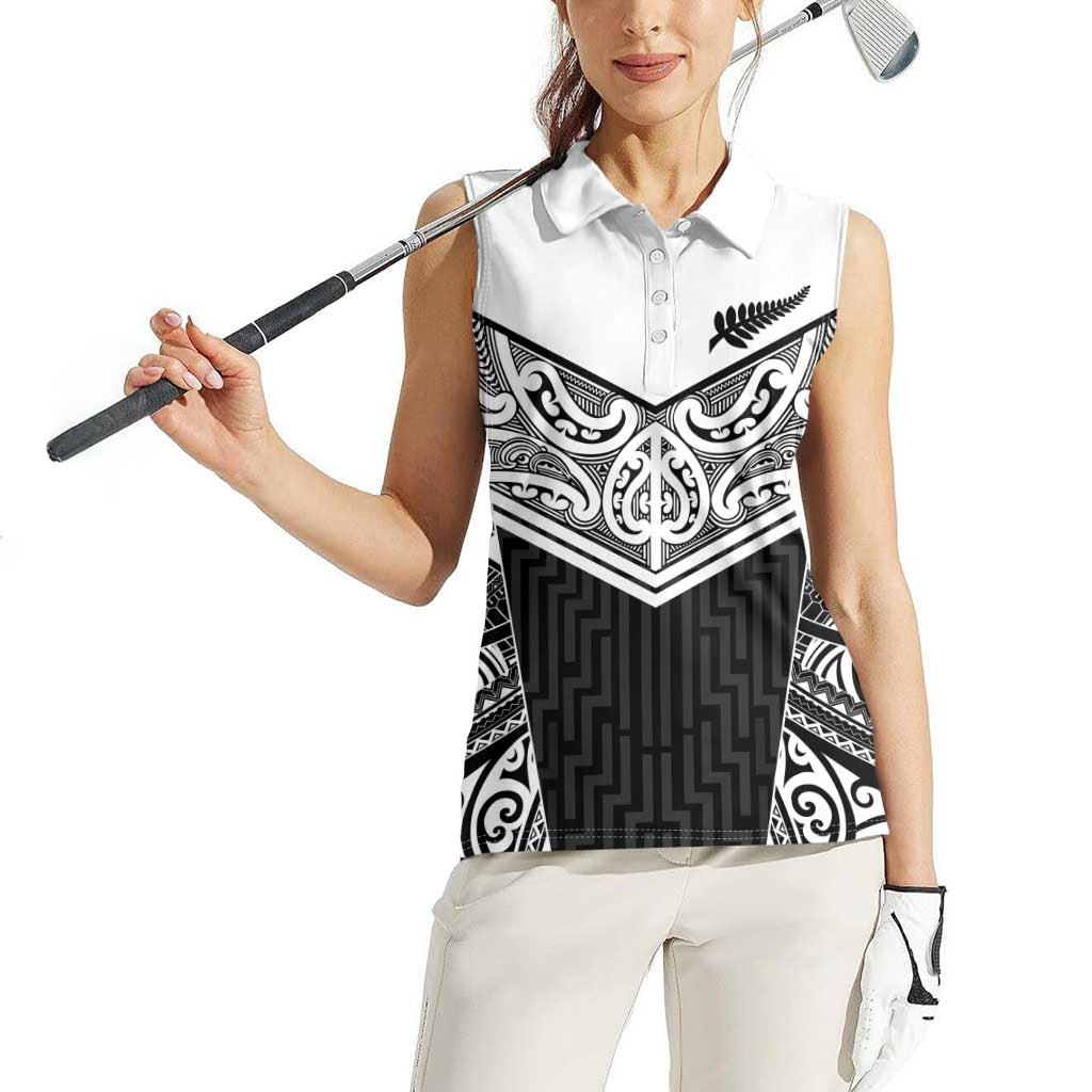 New Zealand Black Fern Custom Women Sleeveless Polo Shirt Maori Tukutuku Black-white Motif LT9 - Polynesian Pride