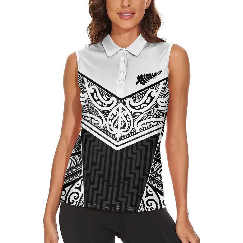 New Zealand Black Fern Custom Women Sleeveless Polo Shirt Maori Tukutuku Black-white Motif LT9 - Polynesian Pride