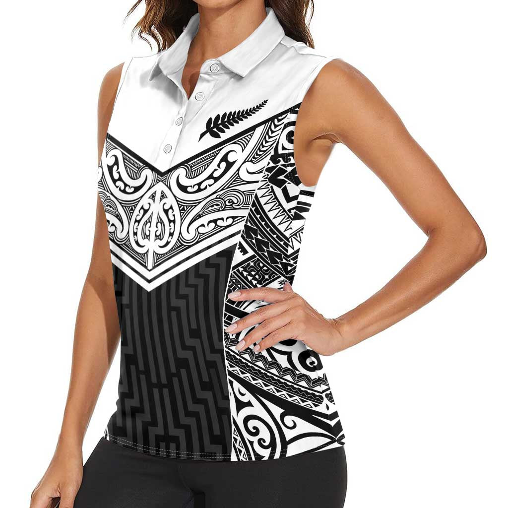 New Zealand Black Fern Custom Women Sleeveless Polo Shirt Maori Tukutuku Black-white Motif LT9 - Polynesian Pride