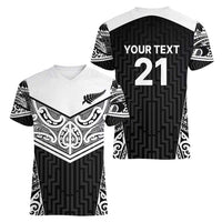 New Zealand Black Fern Custom Women V-Neck T-Shirt Maori Tukutuku Black-white Motif LT9 - Polynesian Pride