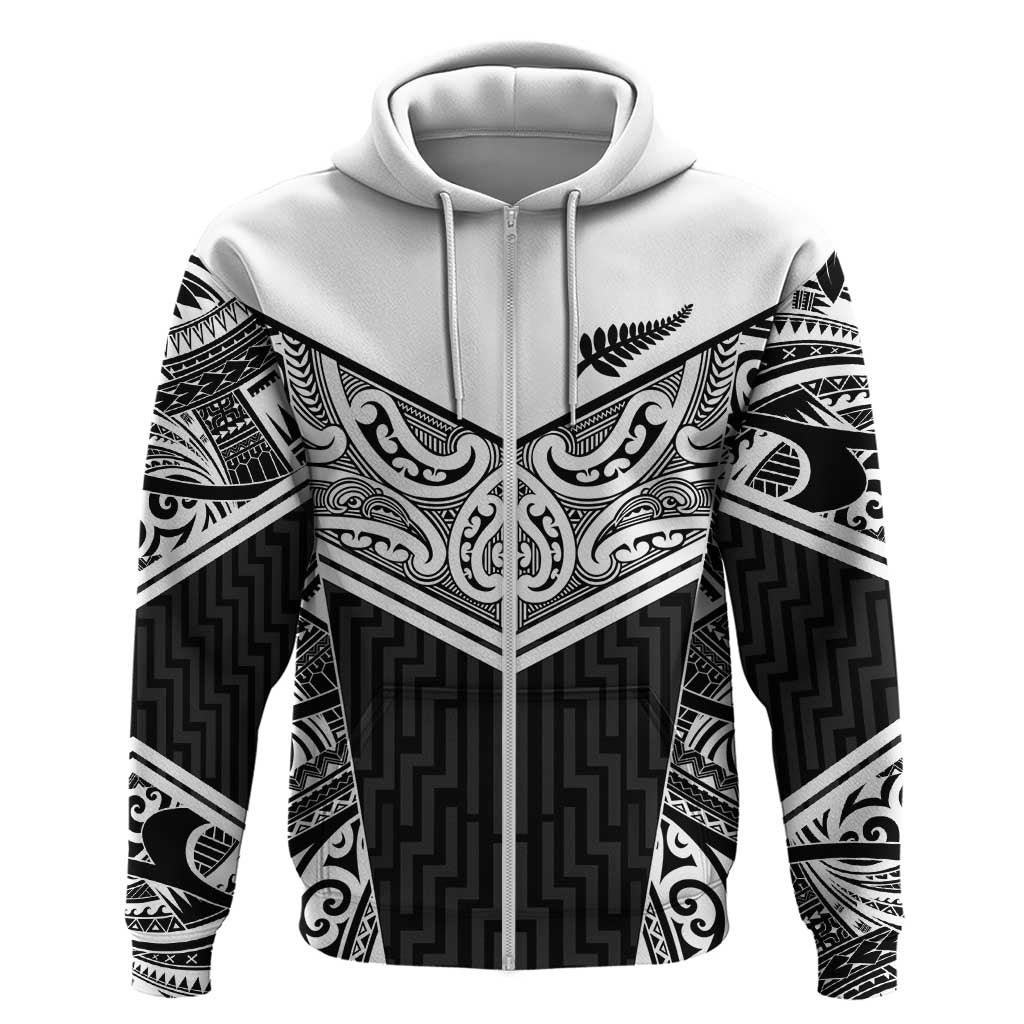 New Zealand Black Fern Custom Zip Hoodie Maori Tukutuku Black-white Motif LT9 Zip Hoodie White - Polynesian Pride