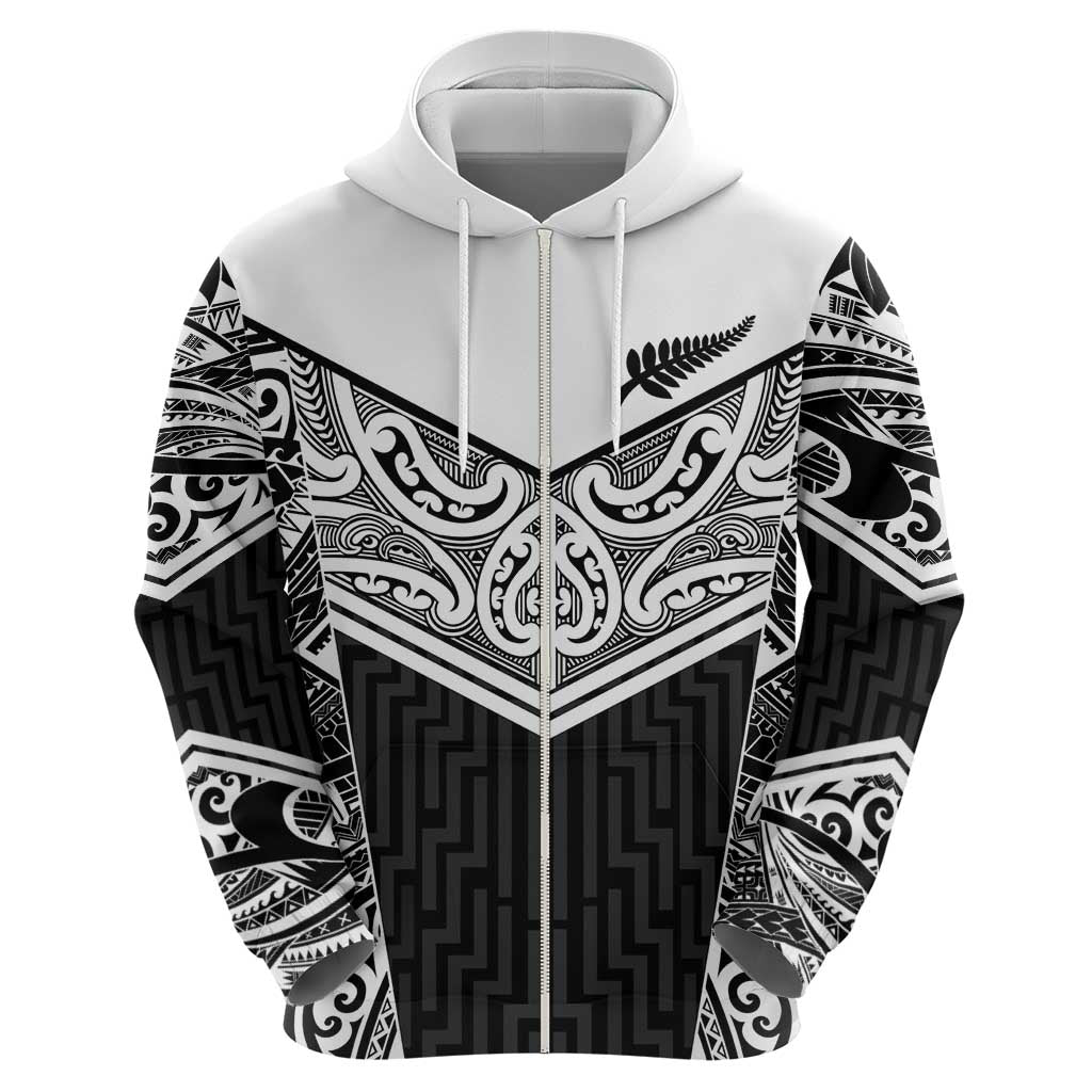 New Zealand Black Fern Custom Zip Hoodie Maori Tukutuku Black-white Motif LT9 - Polynesian Pride