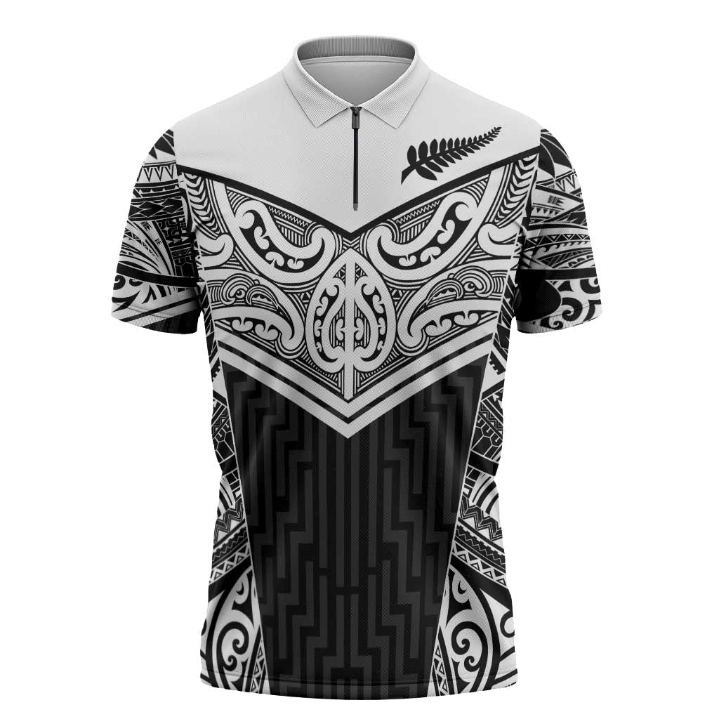 New Zealand Black Fern Custom Zipper Polo Shirt Maori Tukutuku Black-white Motif LT9 White - Polynesian Pride