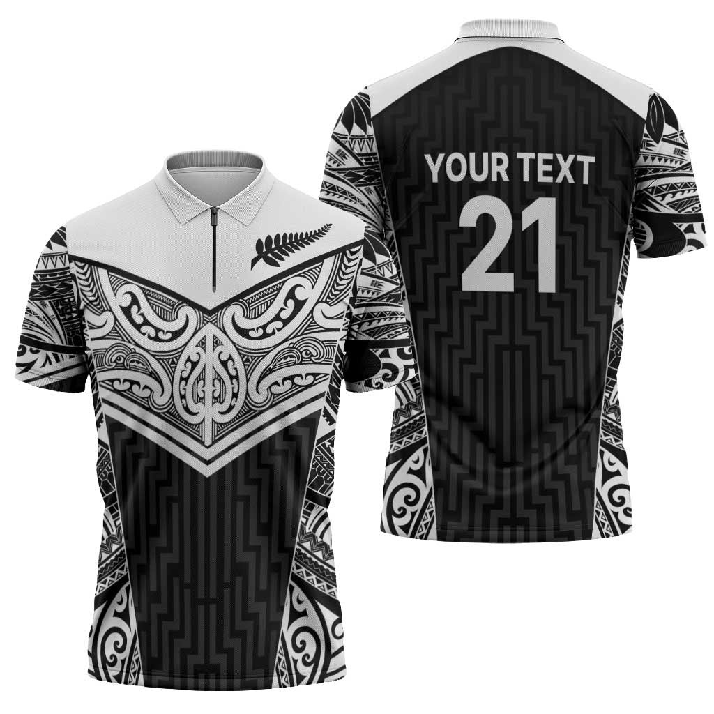 New Zealand Black Fern Custom Zipper Polo Shirt Maori Tukutuku Black-white Motif LT9 - Polynesian Pride
