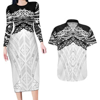 New Zealand Koru Fern Custom Couples Matching Long Sleeve Bodycon Dress and Hawaiian Shirt Simple Taniko Motif LT9 White - Polynesian Pride