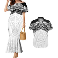 New Zealand Koru Fern Custom Couples Matching Mermaid Dress and Hawaiian Shirt Simple Taniko Motif LT9 White - Polynesian Pride