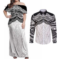 New Zealand Koru Fern Custom Couples Matching Off Shoulder Maxi Dress and Long Sleeve Button Shirt Simple Taniko Motif LT9 White - Polynesian Pride