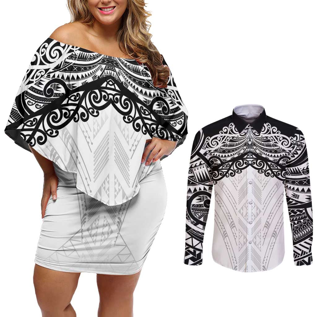 New Zealand Koru Fern Custom Couples Matching Off Shoulder Short Dress and Long Sleeve Button Shirt Simple Taniko Motif LT9 White - Polynesian Pride