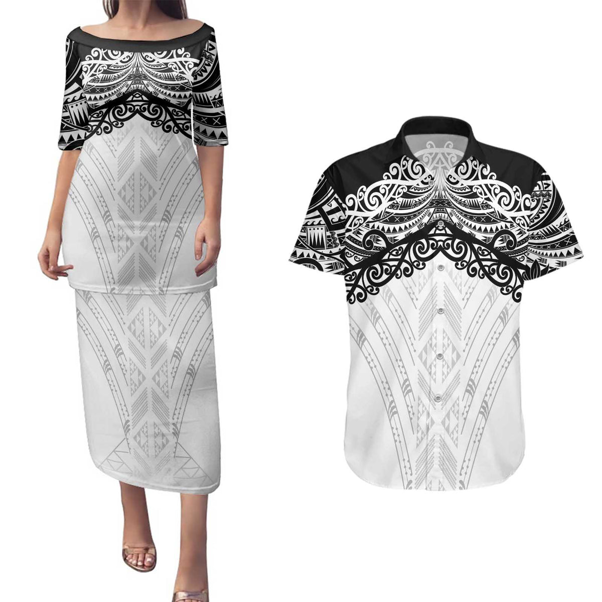 New Zealand Koru Fern Custom Couples Matching Puletasi and Hawaiian Shirt Simple Taniko Motif LT9 White - Polynesian Pride