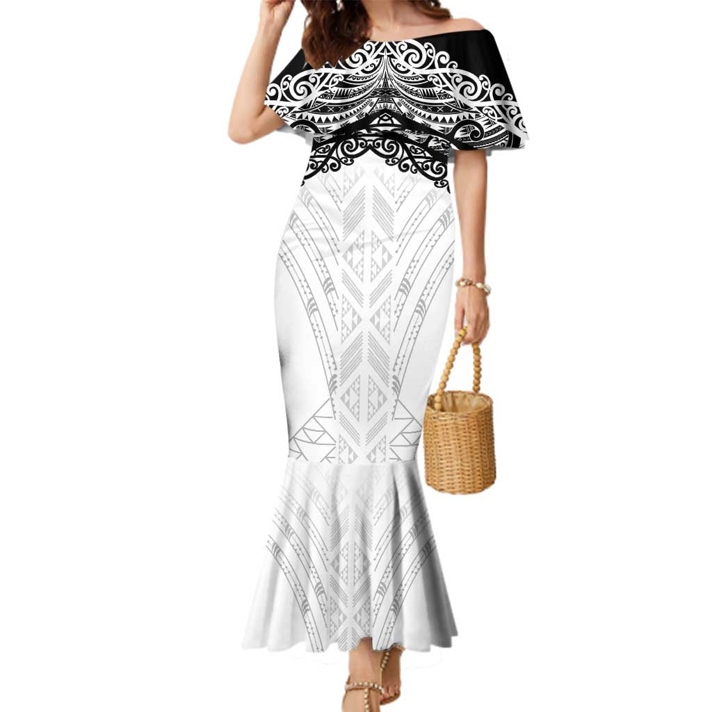 New Zealand Koru Fern Custom Family Matching Mermaid Dress and Hawaiian Shirt Simple Taniko Motif LT9 Mom's Dress White - Polynesian Pride