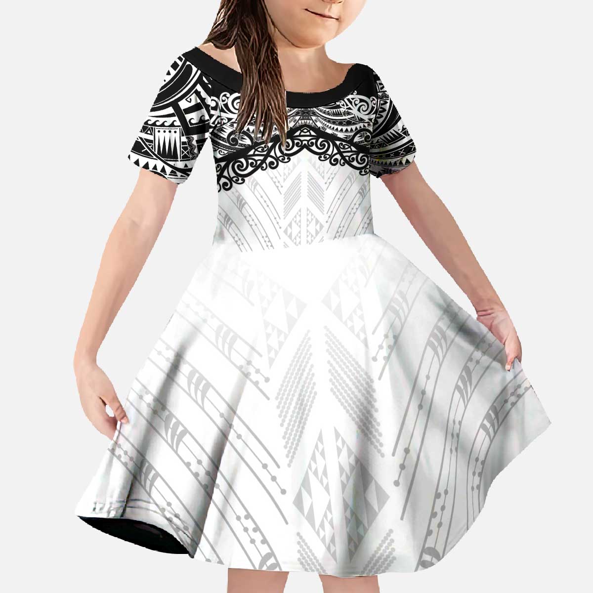 New Zealand Koru Fern Custom Family Matching Off The Shoulder Long Sleeve Dress and Hawaiian Shirt Simple Taniko Motif LT9 Daughter's Dress White - Polynesian Pride