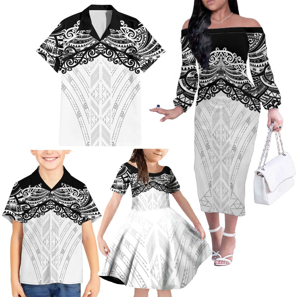 New Zealand Koru Fern Custom Family Matching Off The Shoulder Long Sleeve Dress and Hawaiian Shirt Simple Taniko Motif LT9 - Polynesian Pride