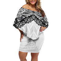 New Zealand Koru Fern Custom Family Matching Off Shoulder Short Dress and Hawaiian Shirt Simple Taniko Motif LT9 Mom's Dress White - Polynesian Pride