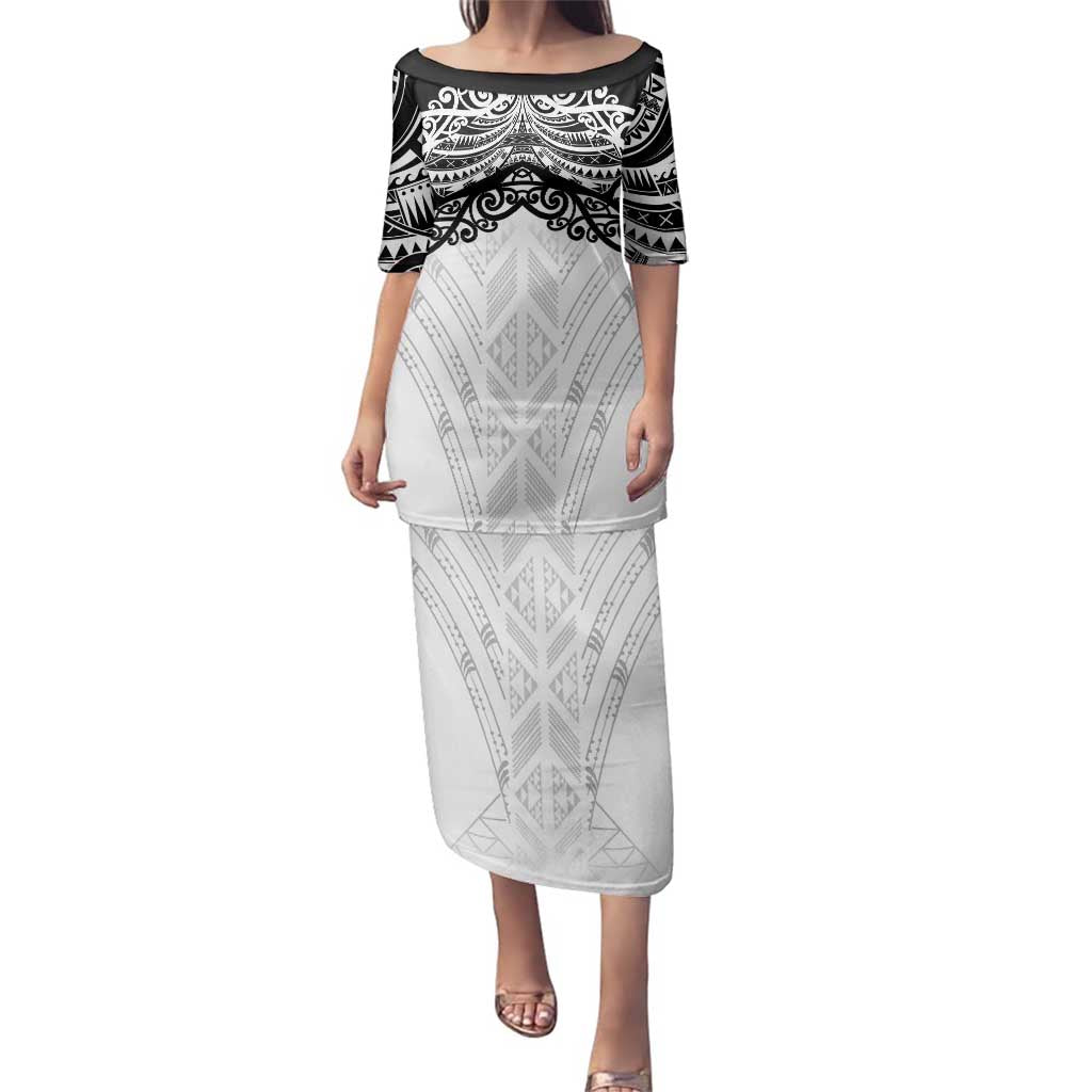 New Zealand Koru Fern Custom Family Matching Puletasi and Hawaiian Shirt Simple Taniko Motif LT9 Mom's Dress White - Polynesian Pride
