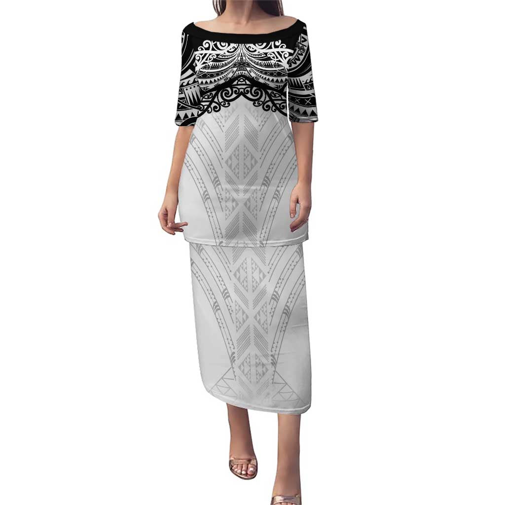 New Zealand Koru Fern Custom Puletasi Simple Taniko Motif LT9 Long Dress White - Polynesian Pride