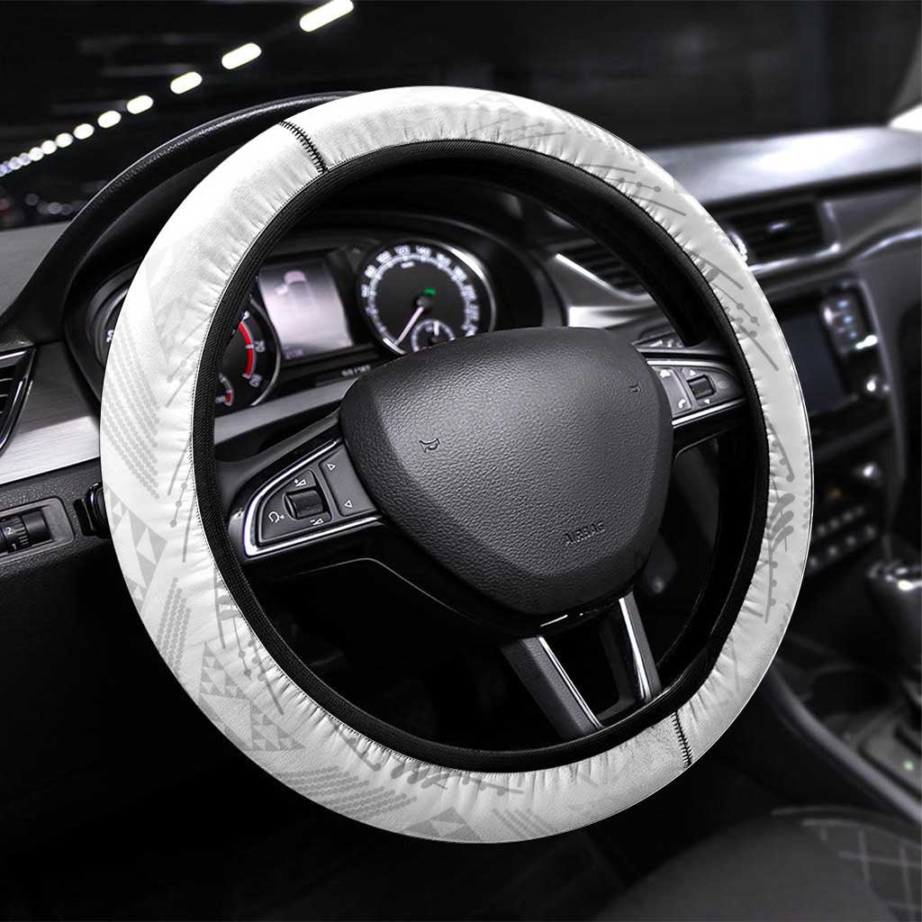 New Zealand Koru Fern Steering Wheel Cover Simple Taniko Motif LT9 Universal Fit White - Polynesian Pride