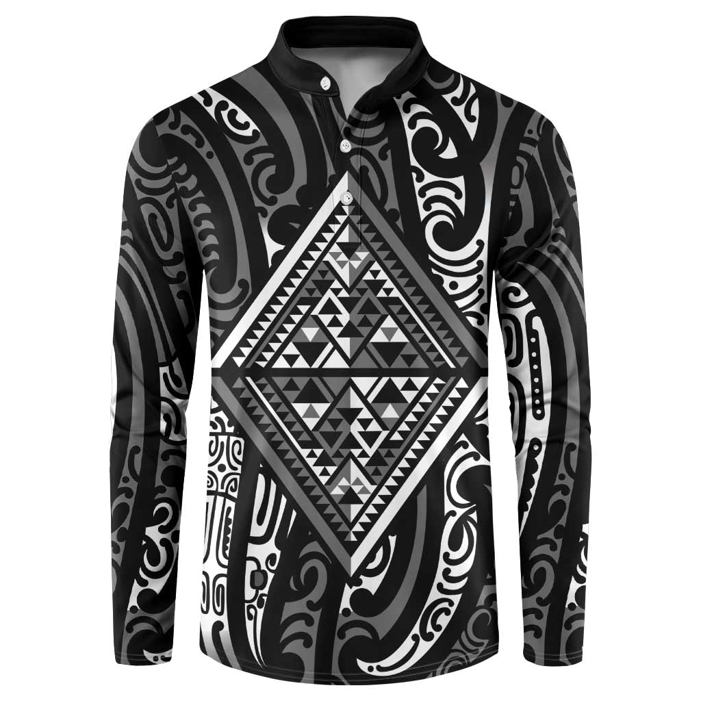 New Zealand Maori Taniko Button Sweatshirt Black Kowhaiwhai Puhoro LT9 Black - Polynesian Pride