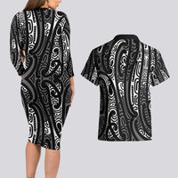New Zealand Maori Taniko Couples Matching Long Sleeve Bodycon Dress and Hawaiian Shirt Black Kowhaiwhai Puhoro LT9 - Polynesian Pride