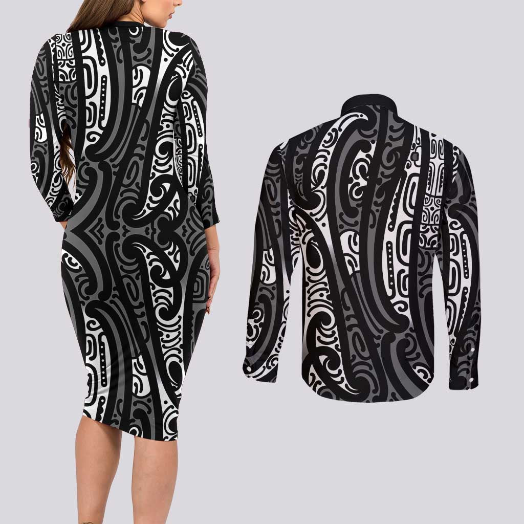 New Zealand Maori Taniko Couples Matching Long Sleeve Bodycon Dress and Long Sleeve Button Shirt Black Kowhaiwhai Puhoro LT9 - Polynesian Pride